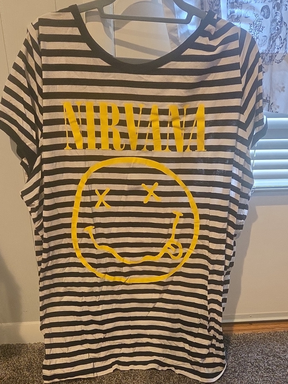 Nirvana Black & White Striped Kids Tee with Yellow Logo